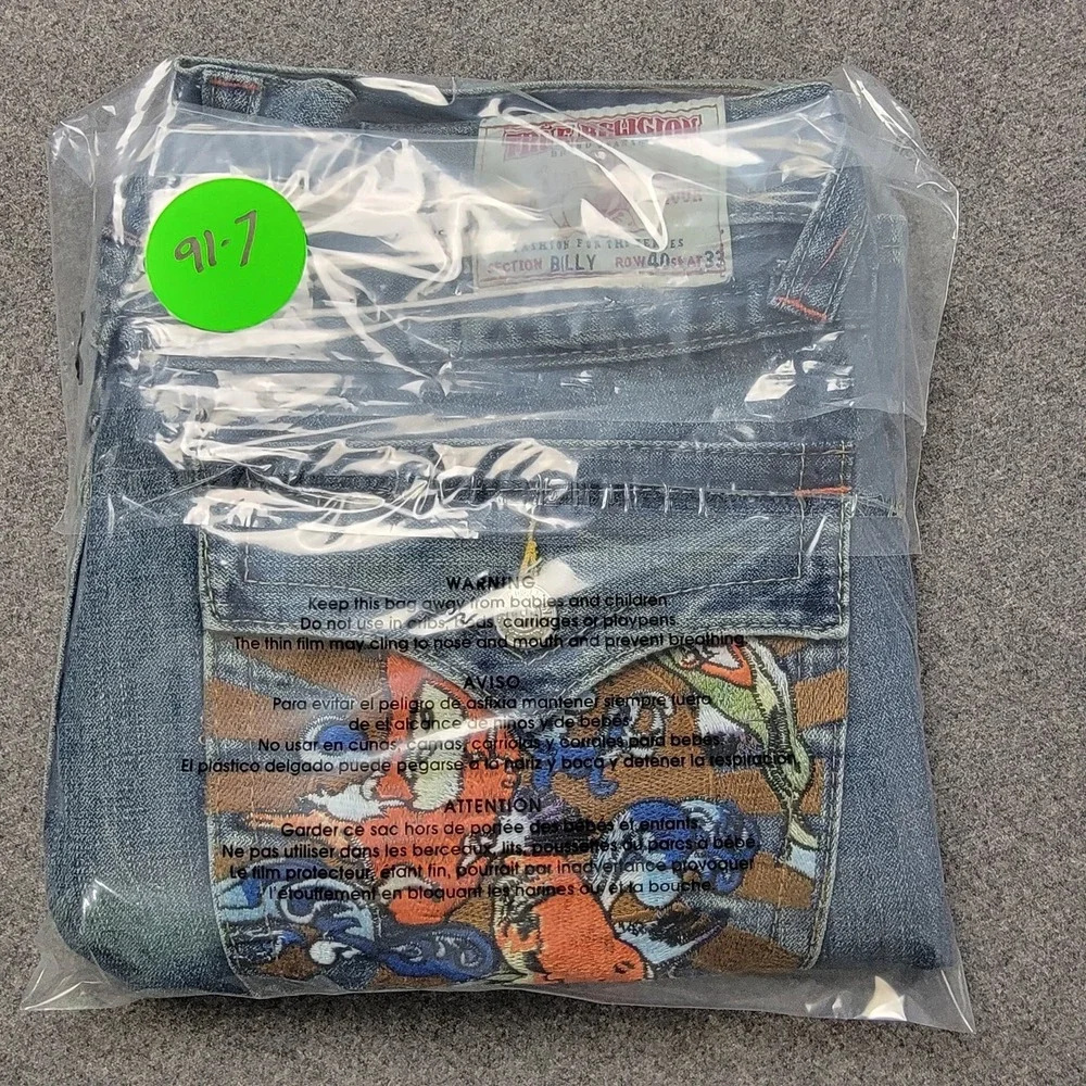 True Religion Billy Jeans Men's 40x33 Bootcut Blue‎ Denim Koi Embroidery USA